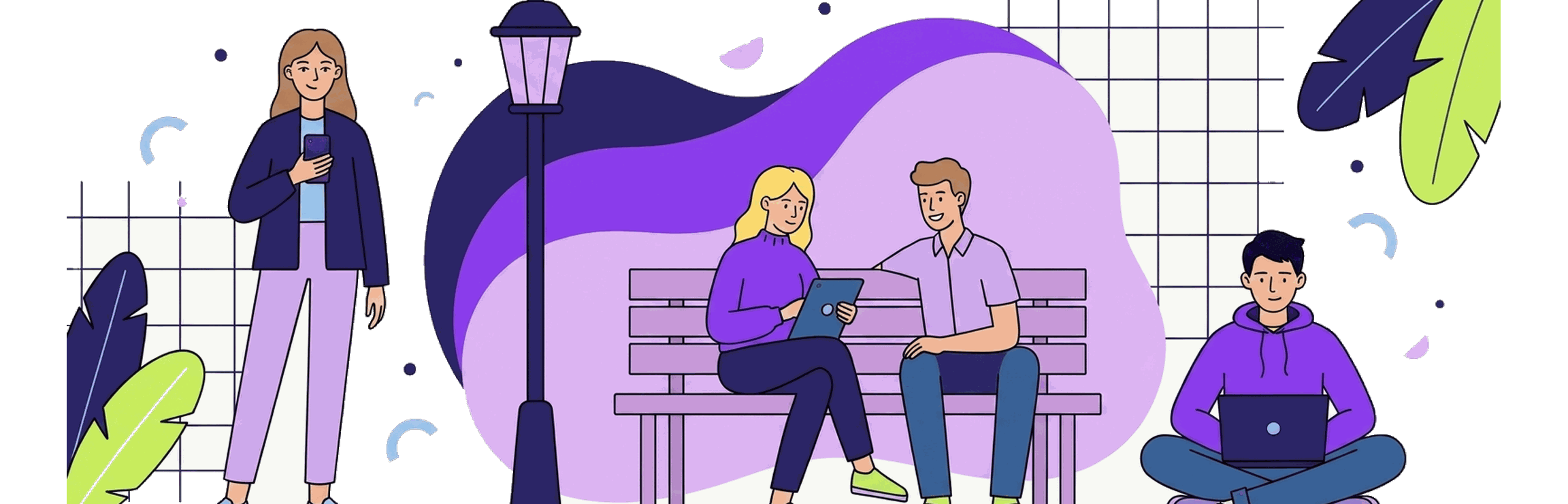 Люди в парке: кто-то с телефона, кто-то с ноутбука — подключение у всех работает